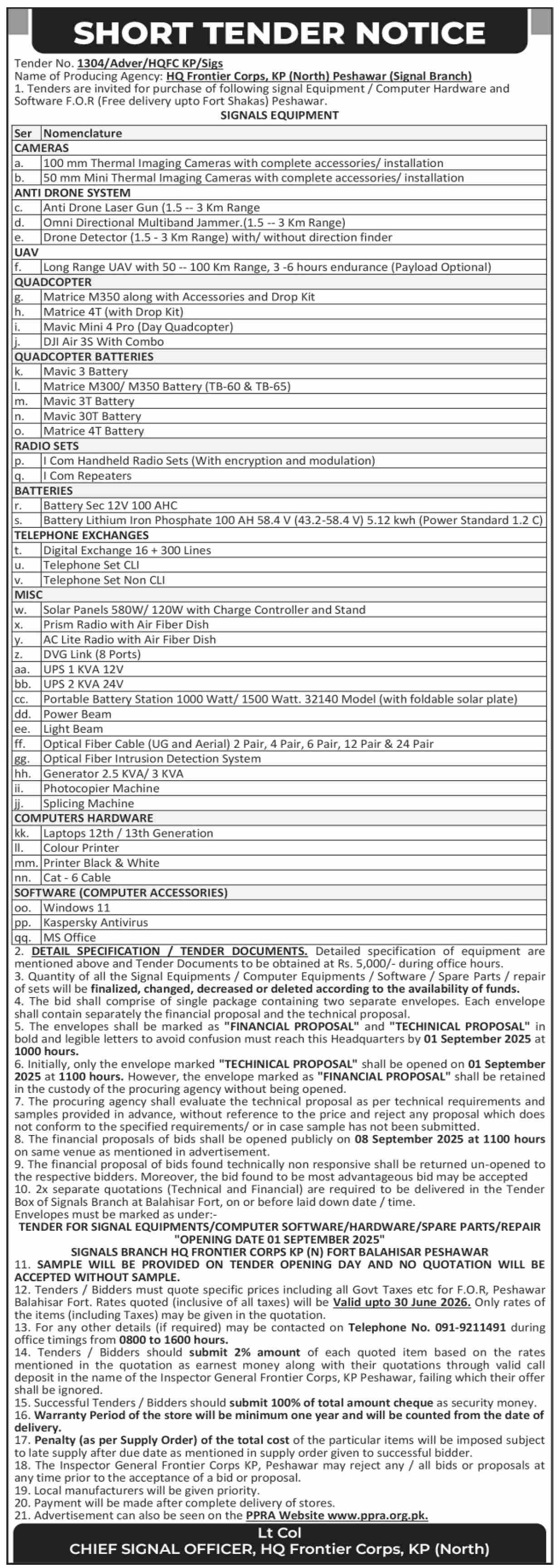 Frontier Corps KP Tender Notice